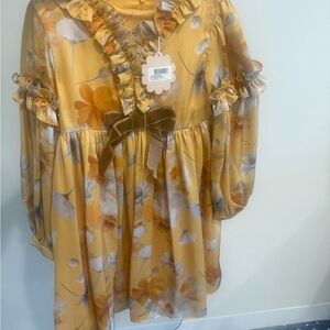Elegant Floral Kids Dress in Mustard and Cream